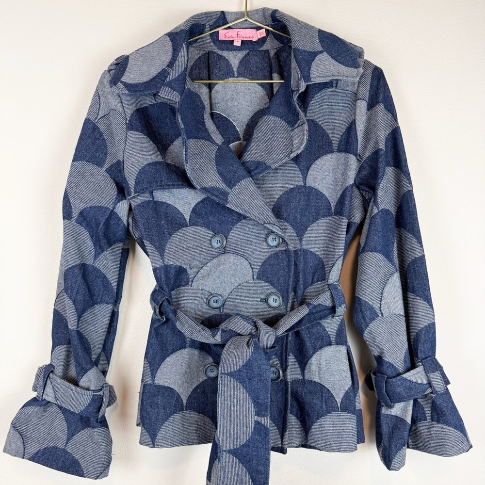 Eva Franco Brex Jacket Atomic Denim Blue Scallop Double Breasted Size 6 - Picture 6 of 14
